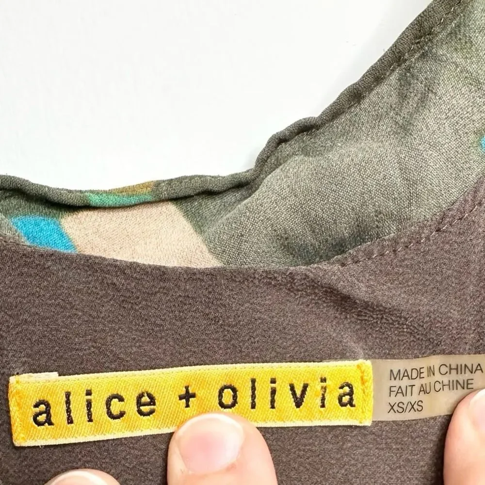 Alice + Olivia Multicolor Short Dress Size XS/S 100% Silk Brown Artsy Geometric - Picture 6 of 9